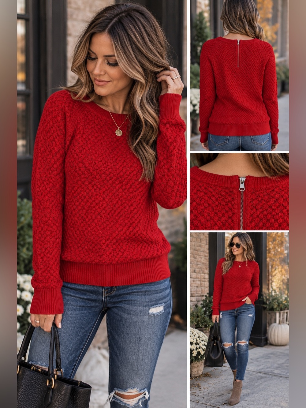 American Eagle Red Textured Knit Back Zip Sweater Women’s Medium